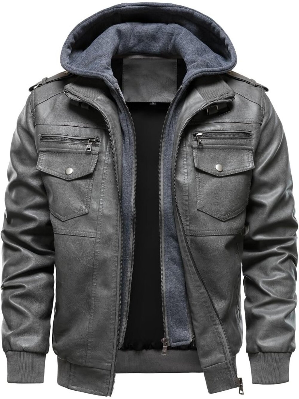 Men’s Grey Windproof Removable Hood Multi-Pockets Turn Down Collar Jackets